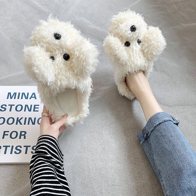 Comwarm Cute Dog Short Plush Slippers For Women 2023 Winter Warm Furry Cotton Shoes Couples Home Indoor Bedroom Cozy Slippers