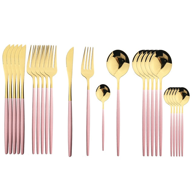 Elegant Essentials 24-Piece Black Handle Golden Cutlery Set - CozyWhims Pink-Gold