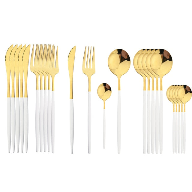 Elegant Essentials 24-Piece Black Handle Golden Cutlery Set - CozyWhims White-Gold