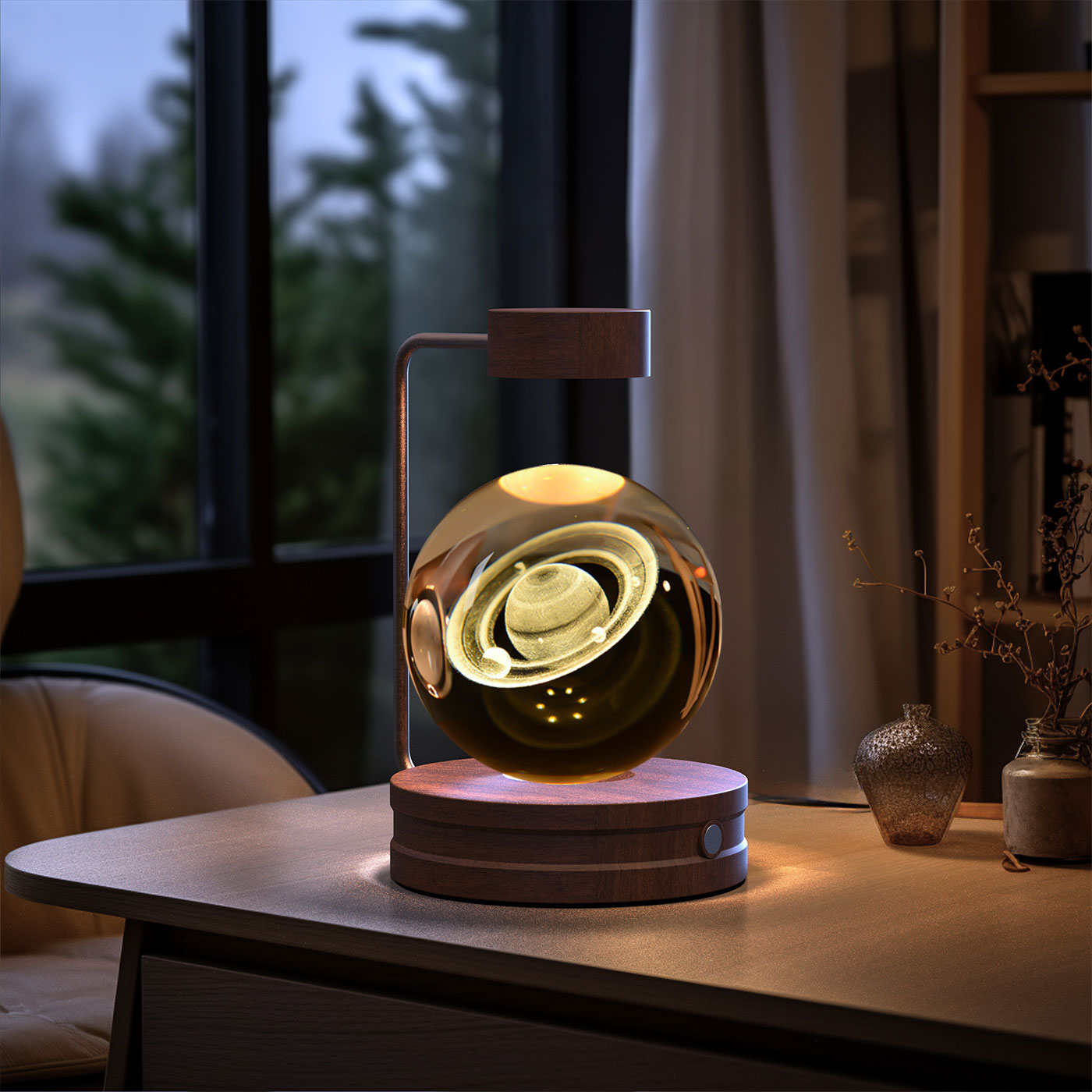 Crystal Ball Cosmic Dinosaur Indoor Night Light - USB Power Warm Cozy Bedside Light Perfect Gift Comforting Night Lamp - CozyWhims Saturn-Dark-wood