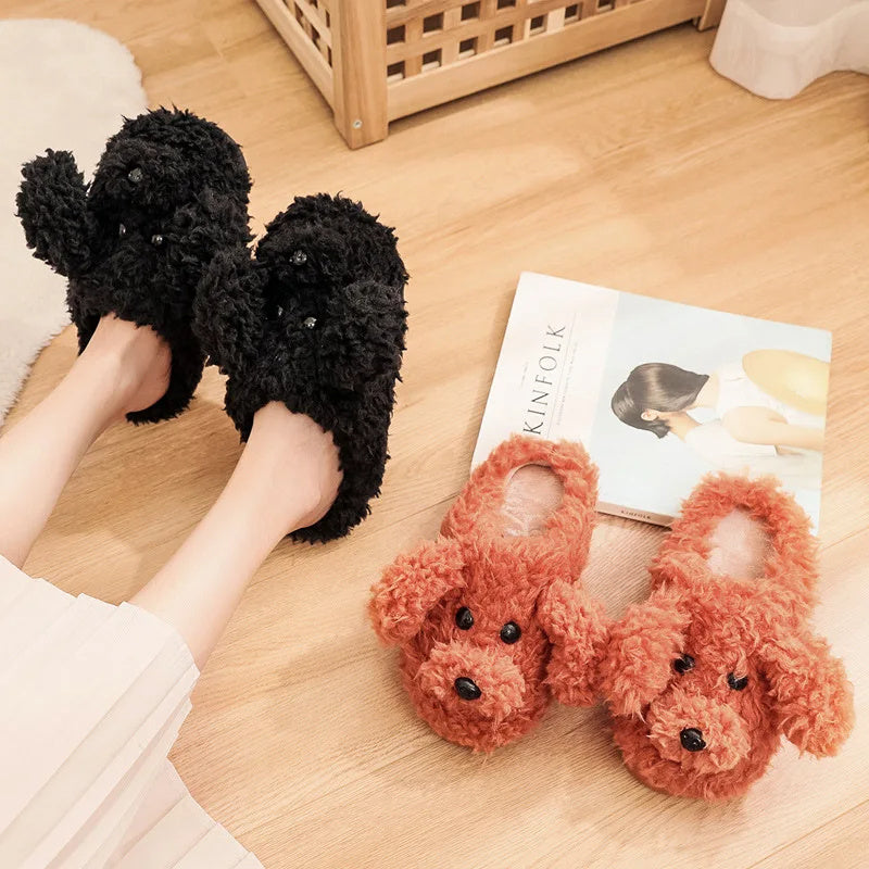 Comwarm Cute Dog Short Plush Slippers For Women 2023 Winter Warm Furry Cotton Shoes Couples Home Indoor Bedroom Cozy Slippers