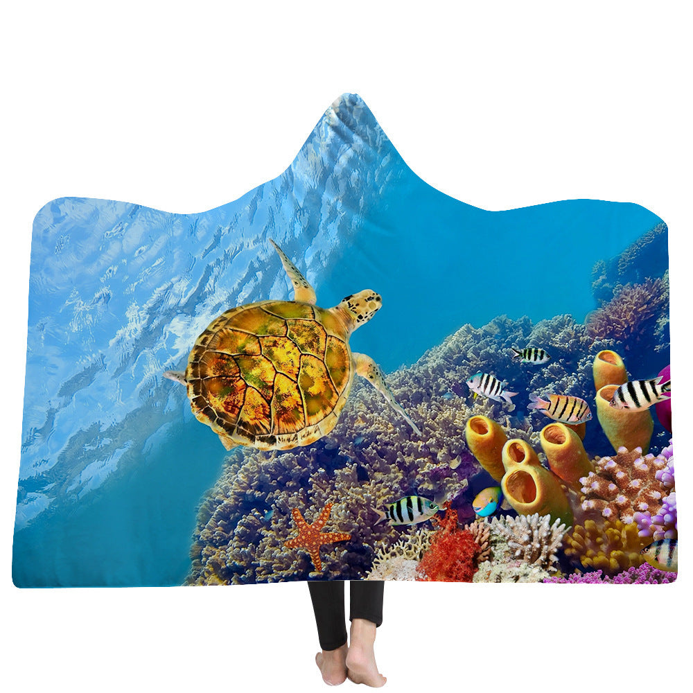 Hooded Blanket Cloak Thick Blanket Hood Blanket Household Blanket Ocean Tortoise Series