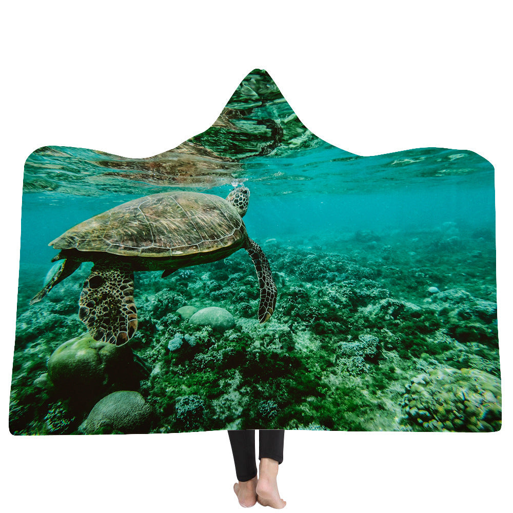 Hooded Blanket Cloak Thick Blanket Hood Blanket Household Blanket Ocean Tortoise Series