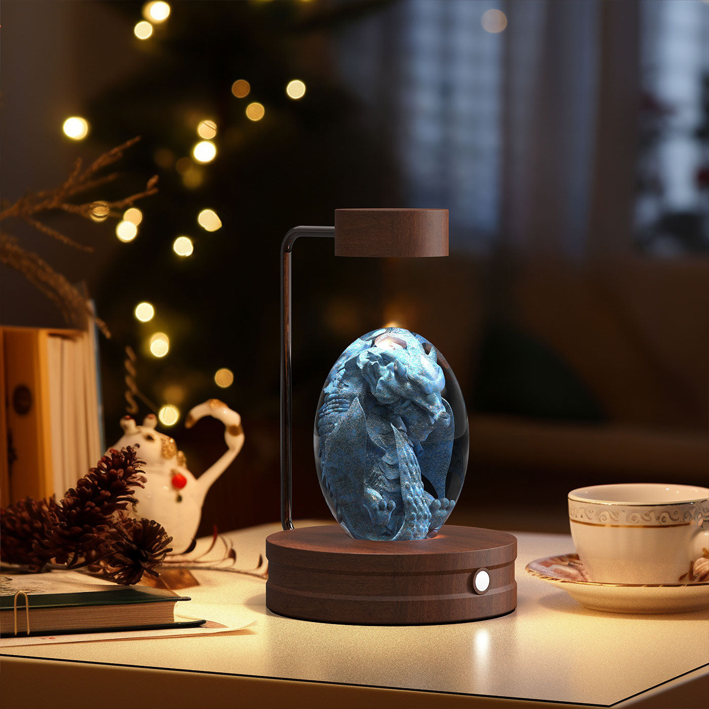 Crystal Ball Cosmic Dinosaur Indoor Night Light - USB Power Warm Cozy Bedside Light Perfect Gift Comforting Night Lamp - CozyWhims Dragon-egg-Dark-wood