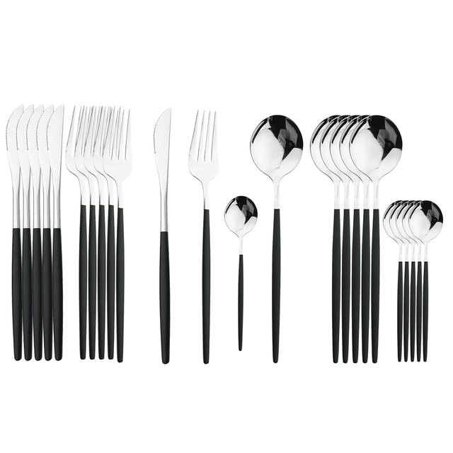 Elegant Essentials 24-Piece Black Handle Golden Cutlery Set - CozyWhims Black-Silver