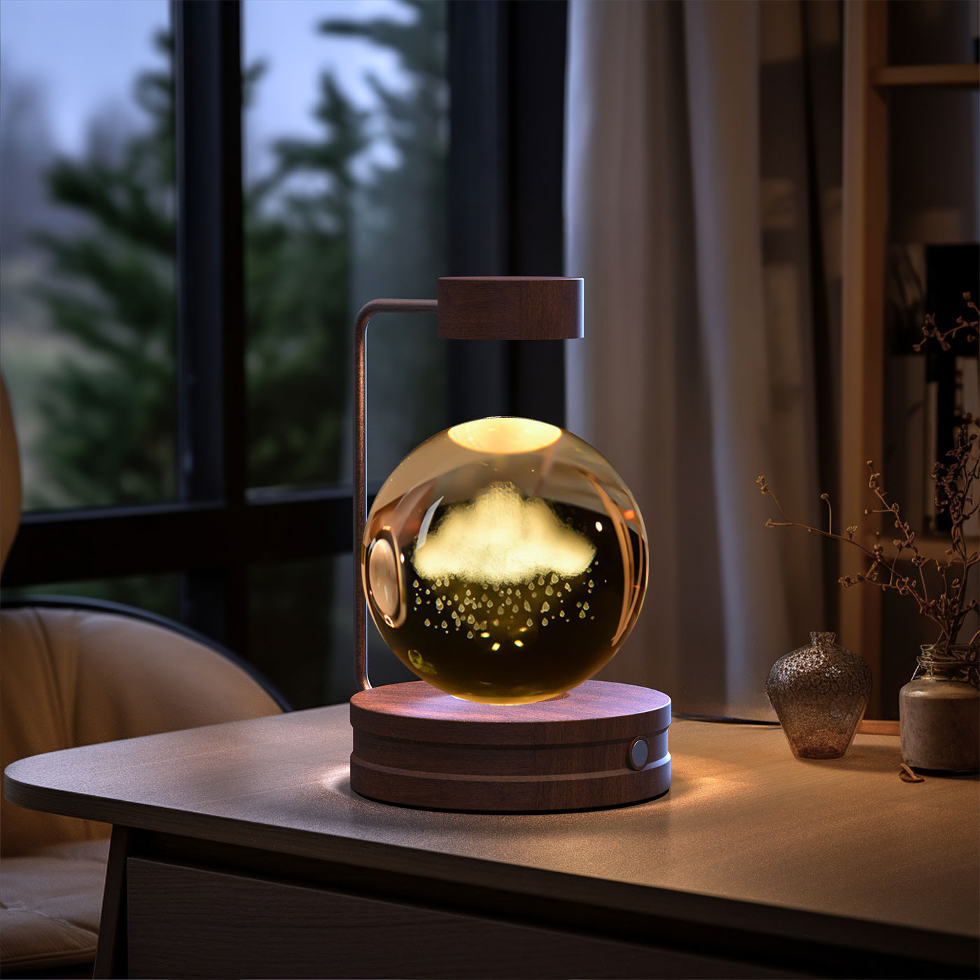 Crystal Ball Cosmic Dinosaur Indoor Night Light - USB Power Warm Cozy Bedside Light Perfect Gift Comforting Night Lamp - CozyWhims Rainy-Clouds-Dark-wood