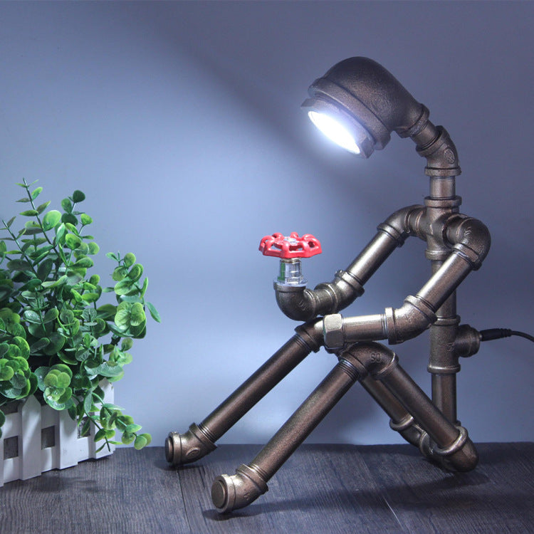 Retro Industrial Style Personality Water Pipe Robot Table Lamp - CozyWhims Bronze-White-light-US