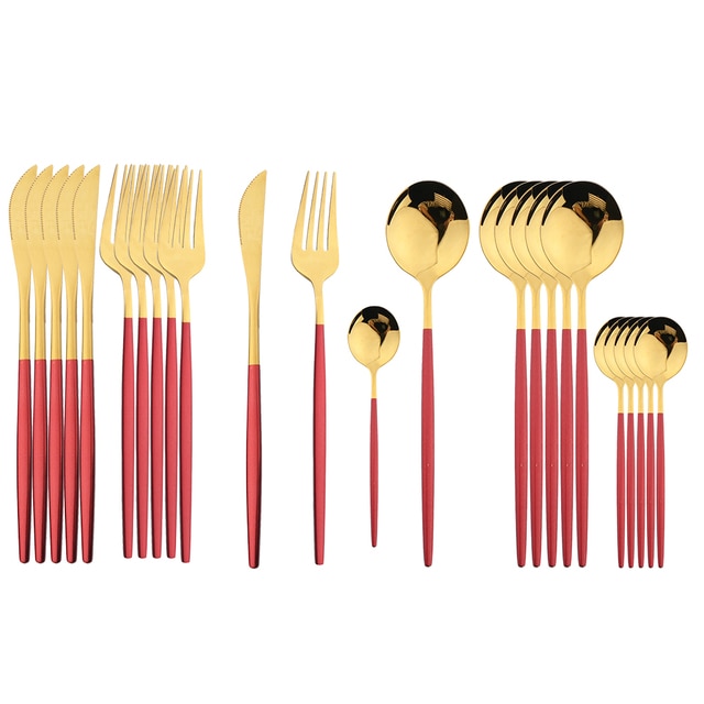 Elegant Essentials 24-Piece Black Handle Golden Cutlery Set - CozyWhims Red-Gold