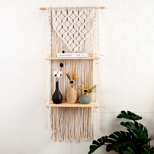 Bohemian 2-layer Wooden Shelf Tapestry Measures Woven Wood Shelf Wall Decoration For Home - CozyWhims 