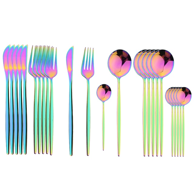 Elegant Essentials 24-Piece Black Handle Golden Cutlery Set - CozyWhims Rainbow