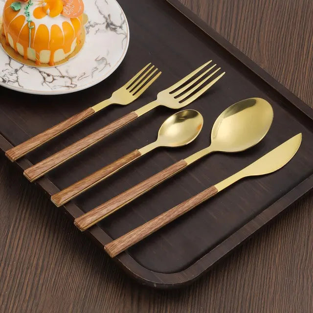 Wooden Handle Cutlery Set - CozyWhims Golden-5pcs-Cutlery