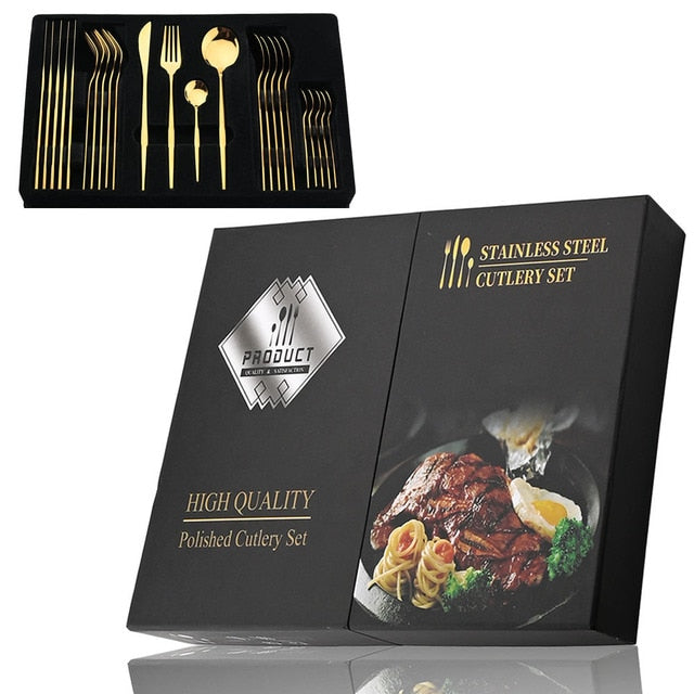 Elegant Essentials 24-Piece Black Handle Golden Cutlery Set - CozyWhims Gold-24Pcs-box