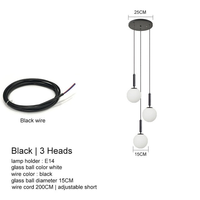 Modern LED Glass Ball Chandelier Lights - CozyWhims Black-3-Heads-Warm-White