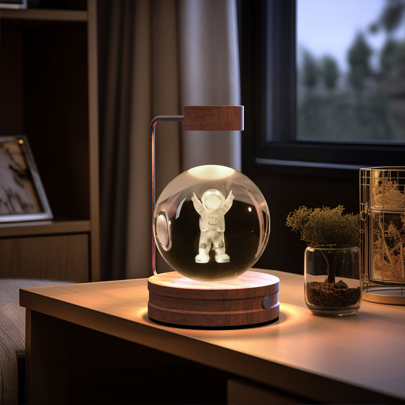 Crystal Ball Cosmic Dinosaur Indoor Night Light - USB Power Warm Cozy Bedside Light Perfect Gift Comforting Night Lamp - CozyWhims Little-Astronauts-Dark-wood