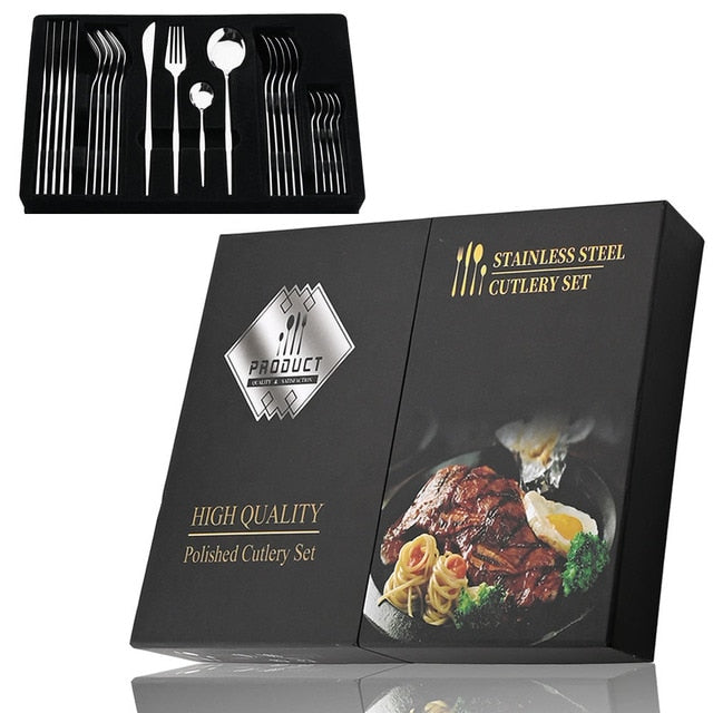 Elegant Essentials 24-Piece Black Handle Golden Cutlery Set - CozyWhims Silver-24Pcs-box