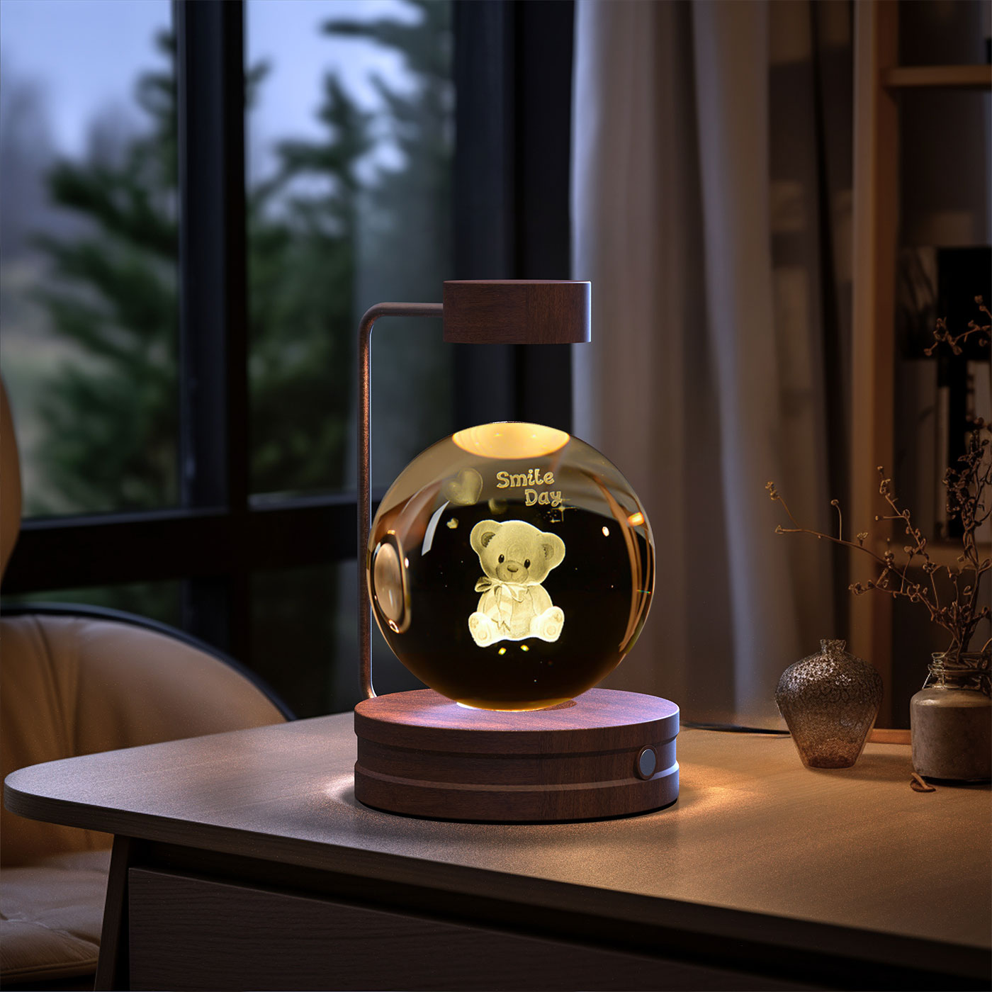 Crystal Ball Cosmic Dinosaur Indoor Night Light - USB Power Warm Cozy Bedside Light Perfect Gift Comforting Night Lamp - CozyWhims Little-Bears-Dark-wood