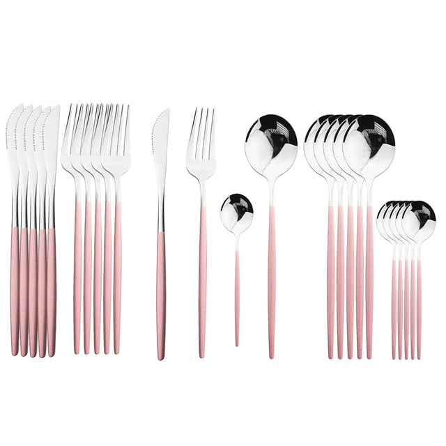 Elegant Essentials 24-Piece Black Handle Golden Cutlery Set - CozyWhims Pink-Silver