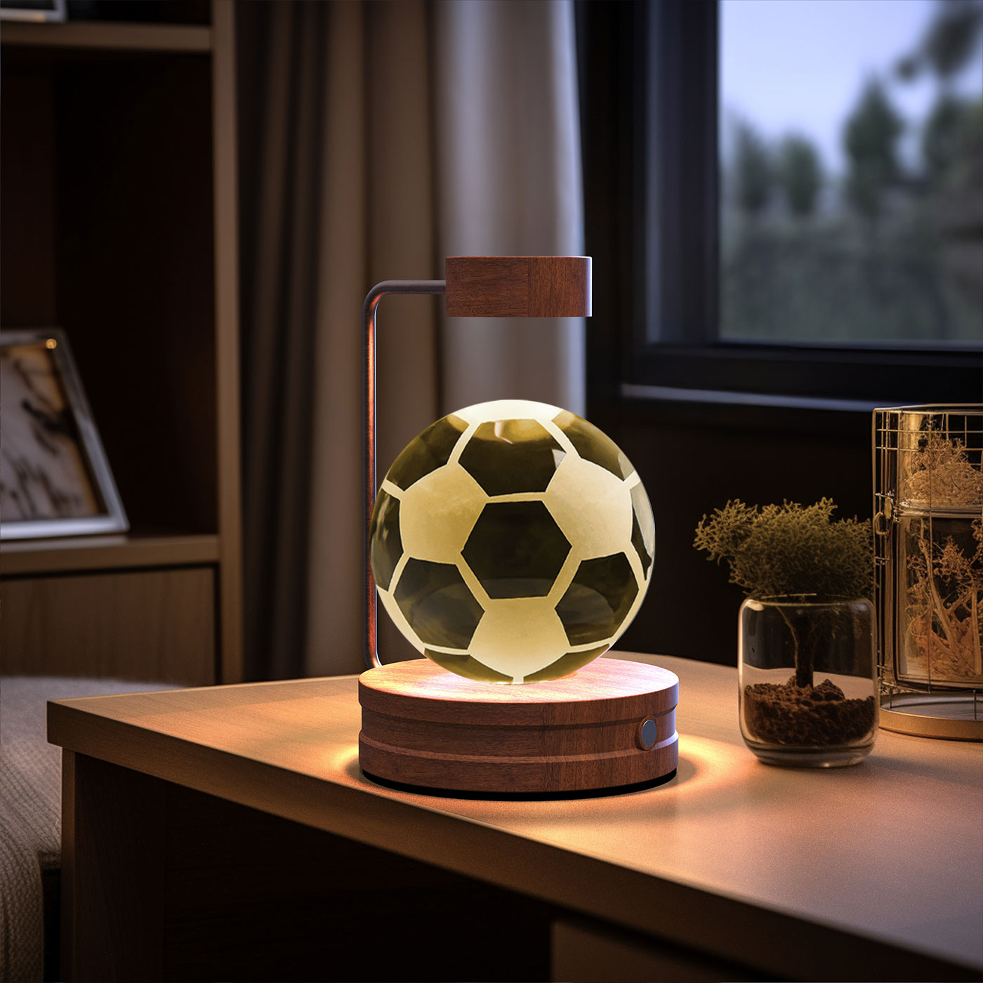 Crystal Ball Cosmic Dinosaur Indoor Night Light - USB Power Warm Cozy Bedside Light Perfect Gift Comforting Night Lamp - CozyWhims Football-Dark-wood