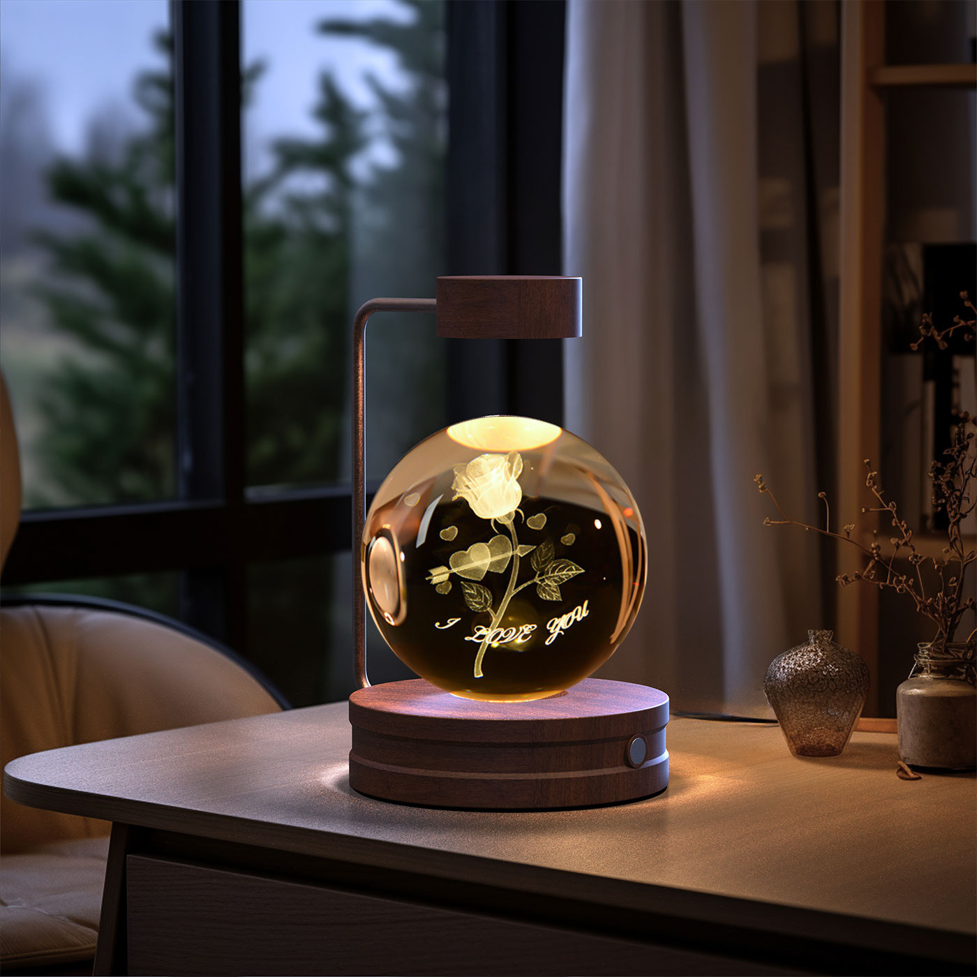 Crystal Ball Cosmic Dinosaur Indoor Night Light - USB Power Warm Cozy Bedside Light Perfect Gift Comforting Night Lamp - CozyWhims Roses-Dark-wood