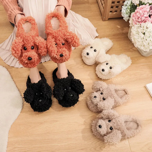 Comwarm Cute Dog Short Plush Slippers For Women 2023 Winter Warm Furry Cotton Shoes Couples Home Indoor Bedroom Cozy Slippers