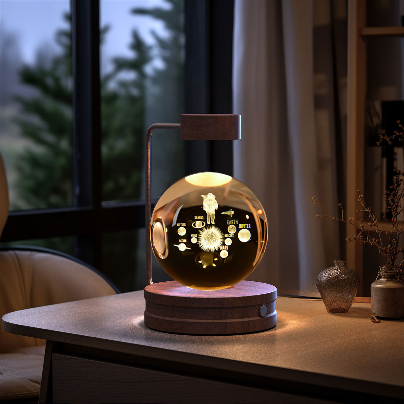 Crystal Ball Cosmic Dinosaur Indoor Night Light - USB Power Warm Cozy Bedside Light Perfect Gift Comforting Night Lamp - CozyWhims Astronauts-Dark-wood