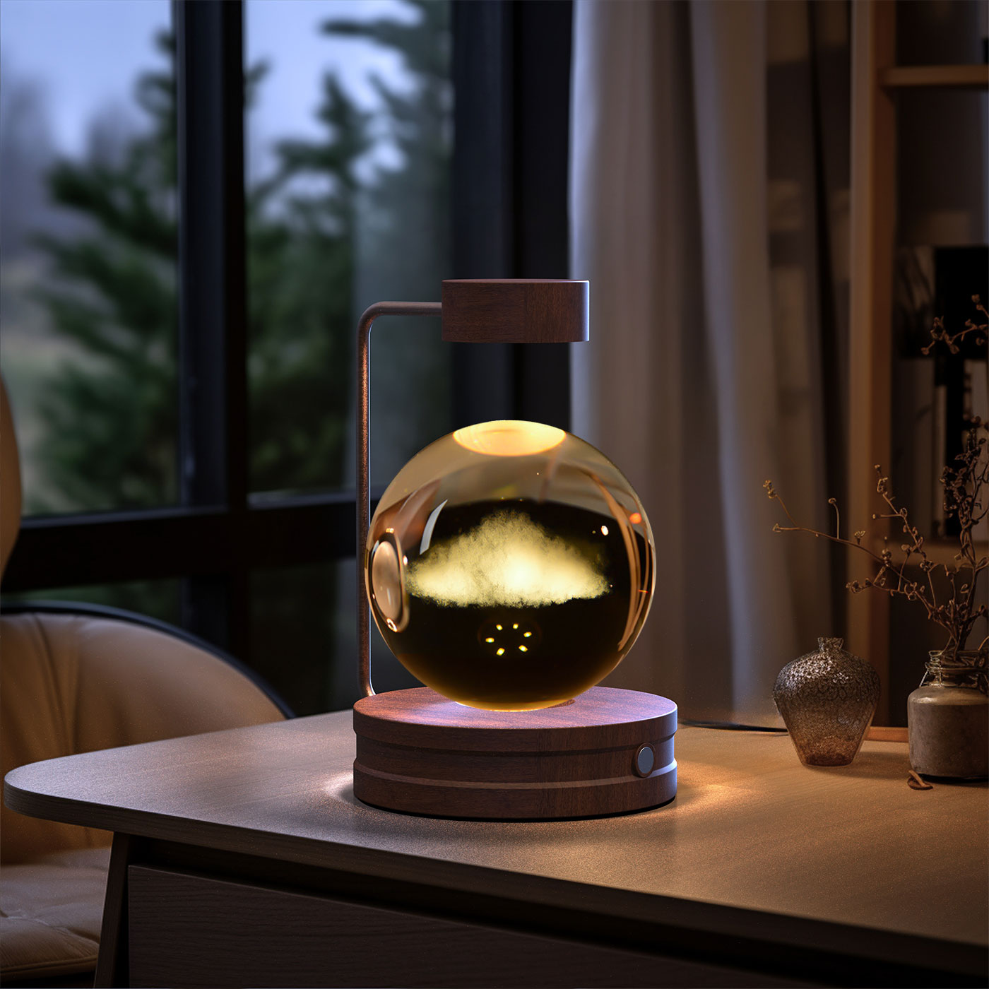 Crystal Ball Cosmic Dinosaur Indoor Night Light - USB Power Warm Cozy Bedside Light Perfect Gift Comforting Night Lamp - CozyWhims Clouds-Dark-wood