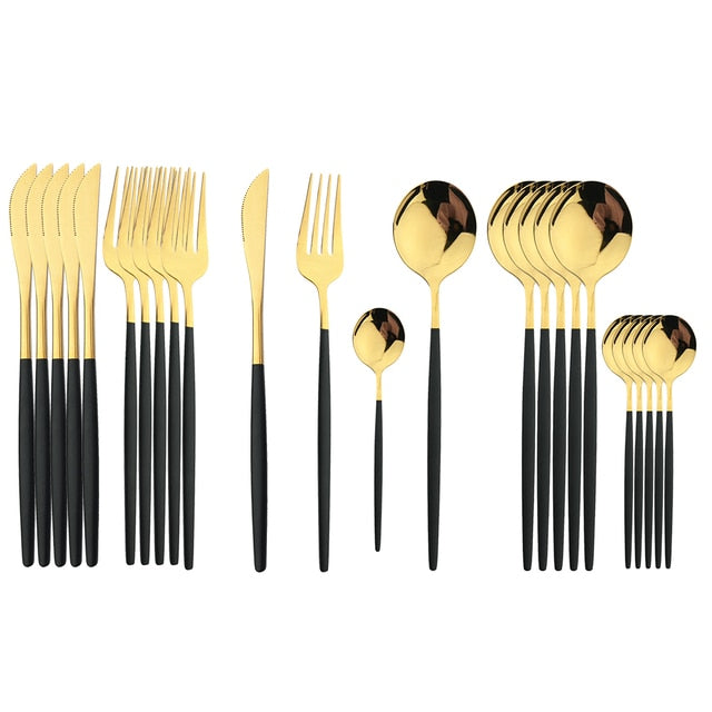 Elegant Essentials 24-Piece Black Handle Golden Cutlery Set - CozyWhims Black-Gold