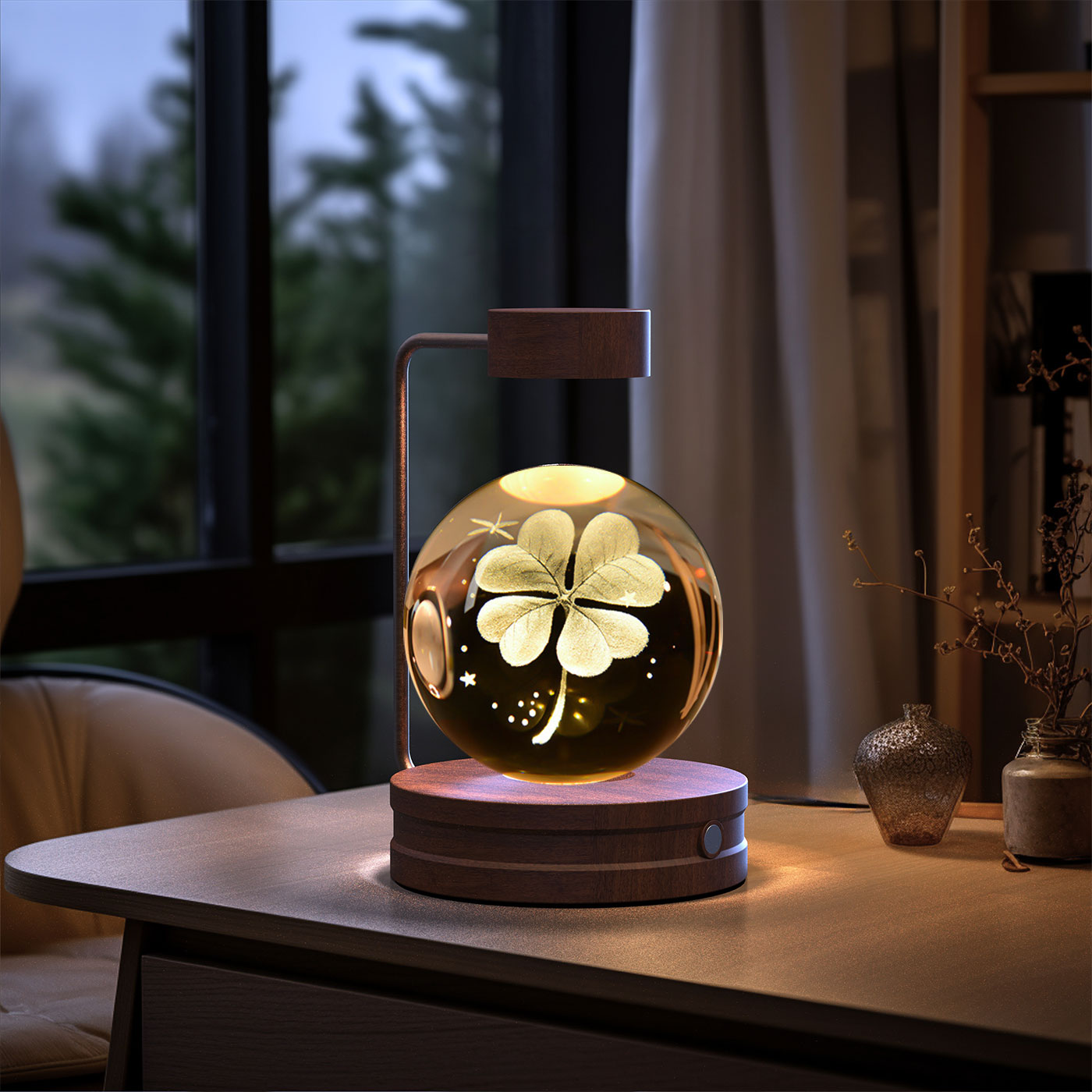 Crystal Ball Cosmic Dinosaur Indoor Night Light - USB Power Warm Cozy Bedside Light Perfect Gift Comforting Night Lamp - CozyWhims Fourleaf-Grass-Dark-wood