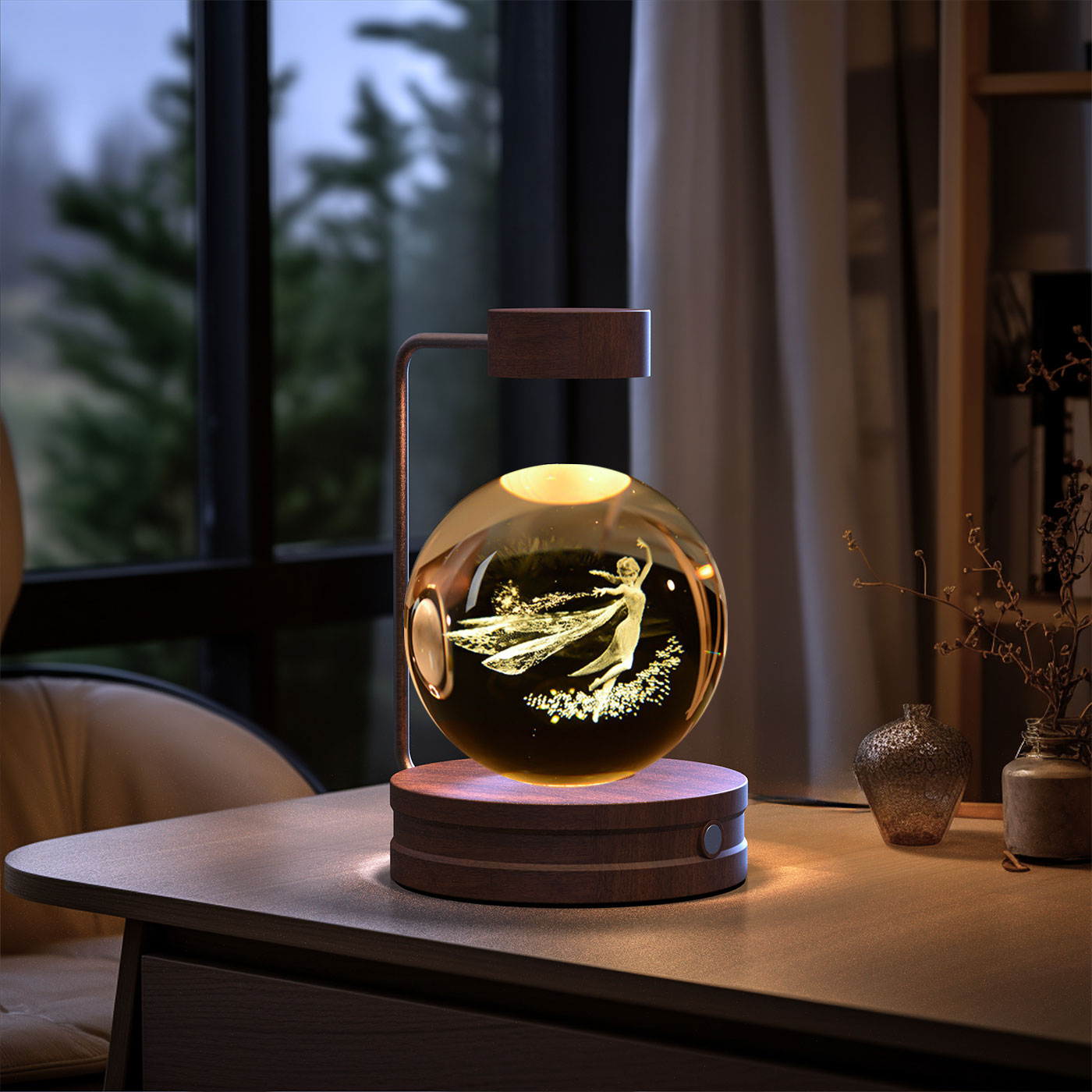 Crystal Ball Cosmic Dinosaur Indoor Night Light - USB Power Warm Cozy Bedside Light Perfect Gift Comforting Night Lamp - CozyWhims Aisha-Dark-wood