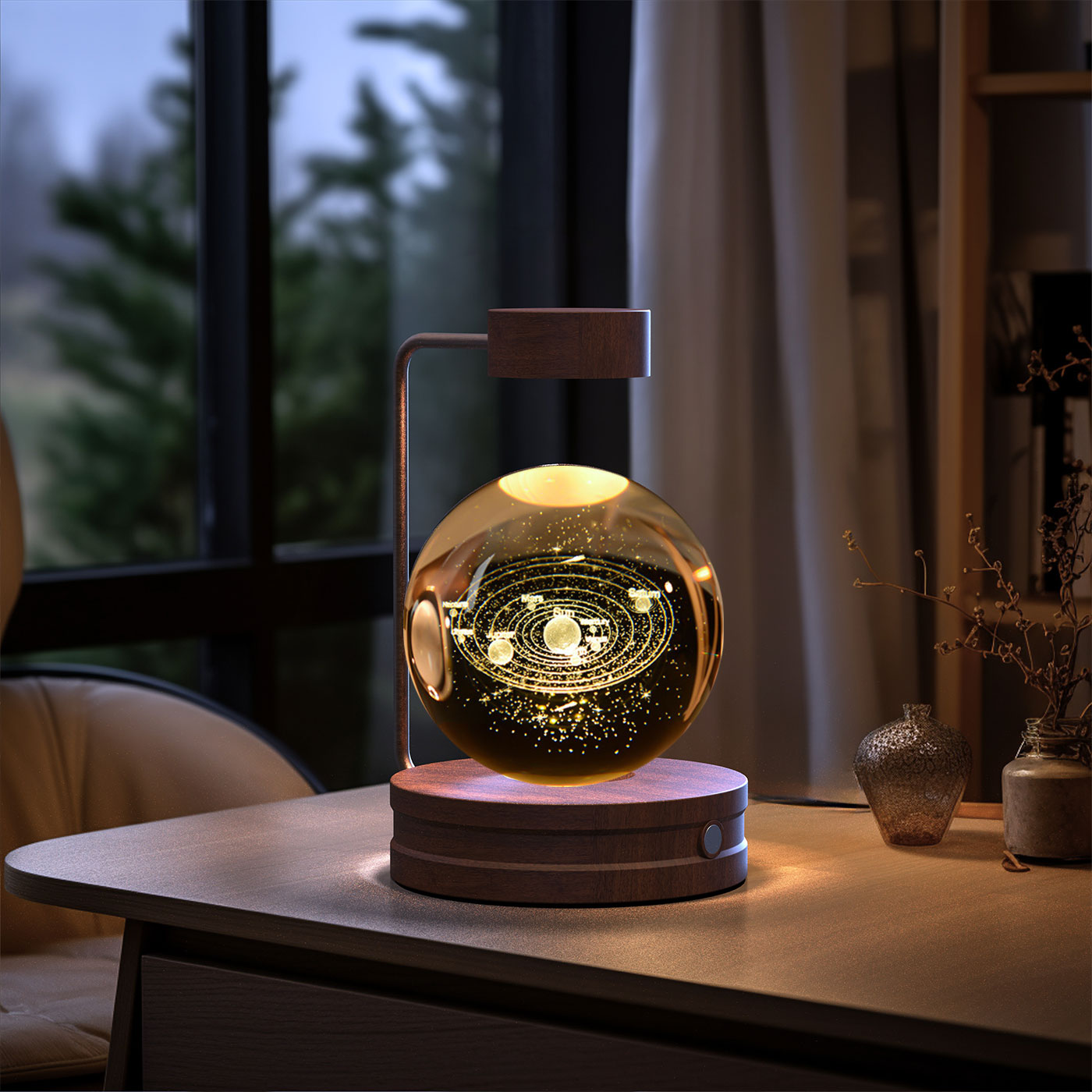 Crystal Ball Cosmic Dinosaur Indoor Night Light - USB Power Warm Cozy Bedside Light Perfect Gift Comforting Night Lamp - CozyWhims Galaxies-Dark-wood