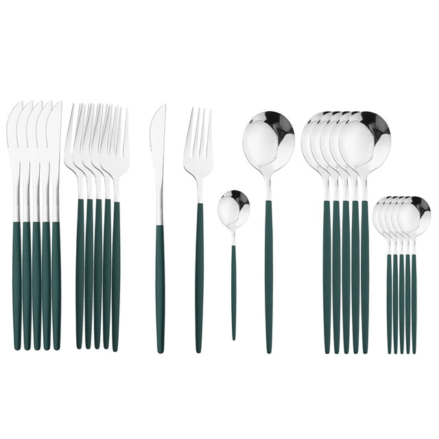 Elegant Essentials 24-Piece Black Handle Golden Cutlery Set - CozyWhims Green-Silver