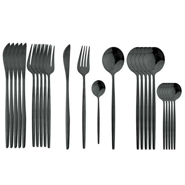 Elegant Essentials 24-Piece Black Handle Golden Cutlery Set - CozyWhims Black