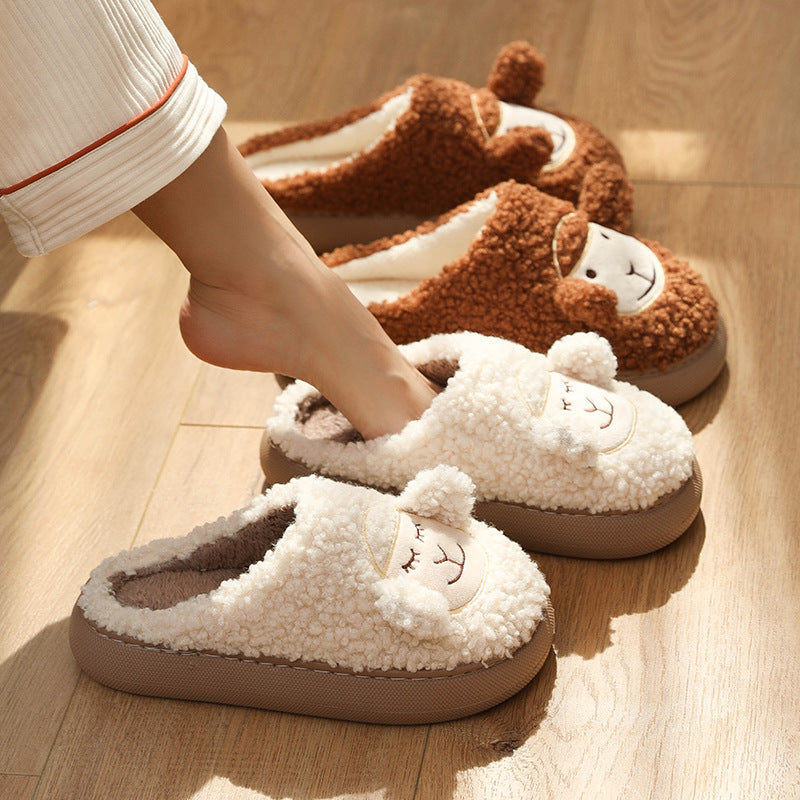 Cute Lamb Thick Bottom Indoor Fur Cotton Slippers Women