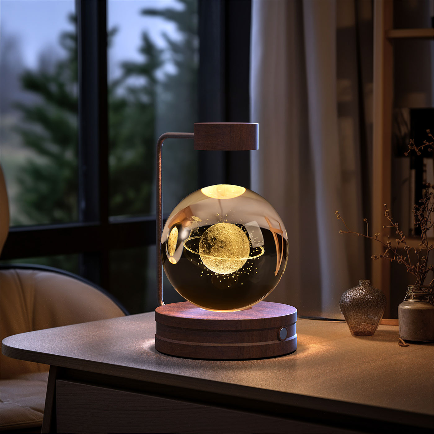 Crystal Ball Cosmic Dinosaur Indoor Night Light - USB Power Warm Cozy Bedside Light Perfect Gift Comforting Night Lamp - CozyWhims Strolling-in-Space-Dark-wood