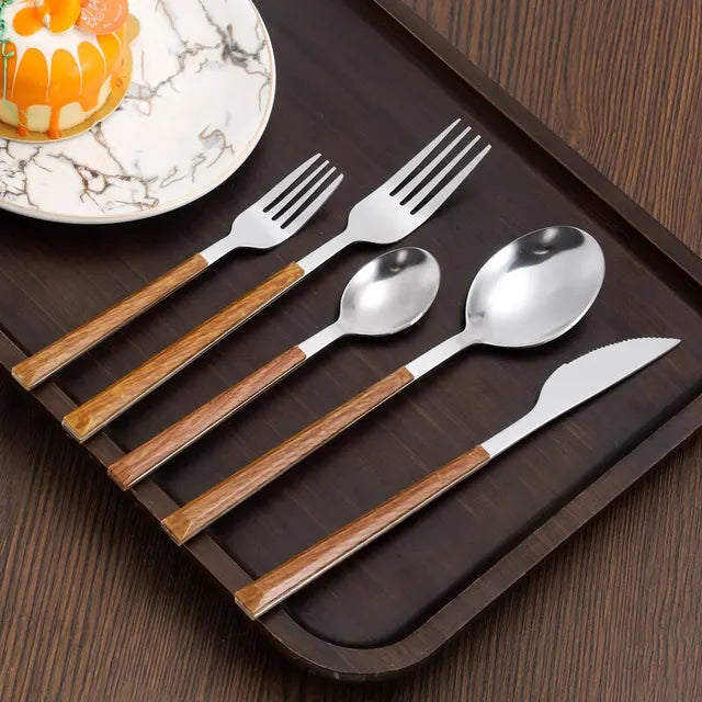 Wooden Handle Cutlery Set - CozyWhims Silvery-5pcs-Cutlery