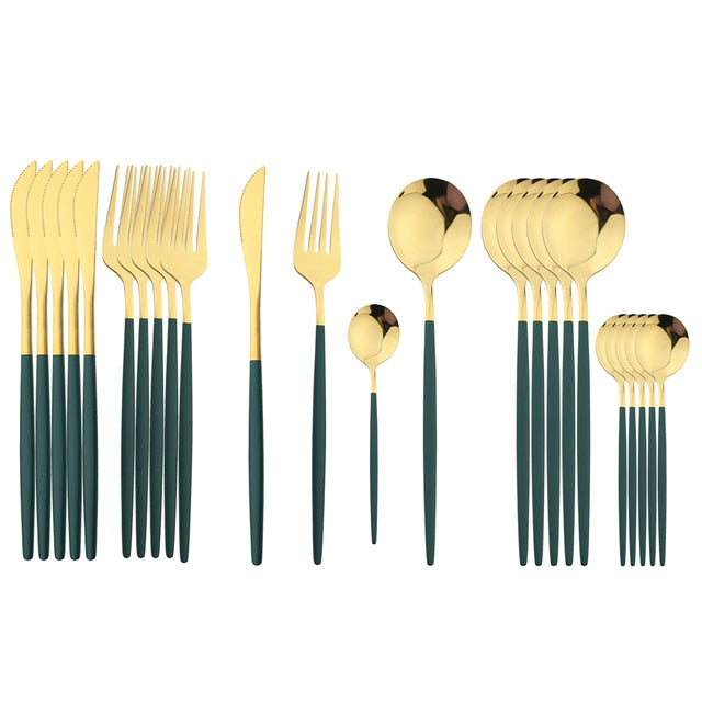 Elegant Essentials 24-Piece Black Handle Golden Cutlery Set - CozyWhims Green-Gold