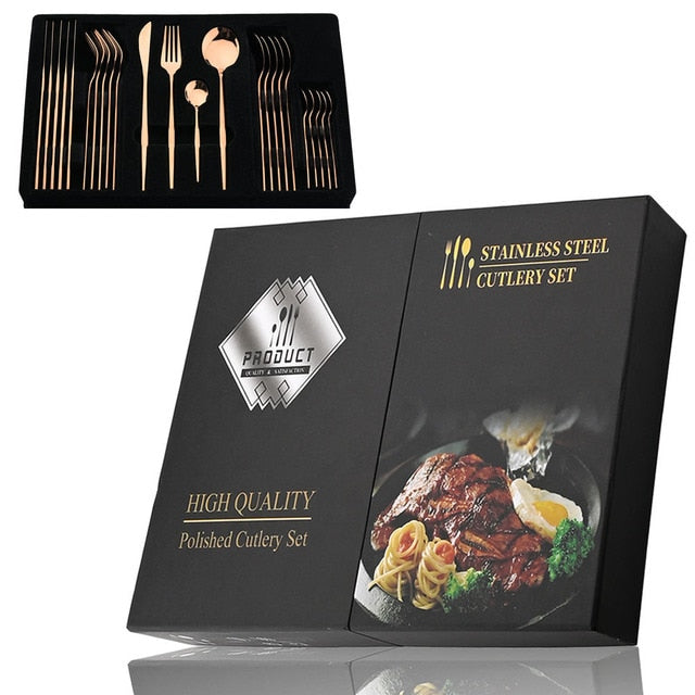 Elegant Essentials 24-Piece Black Handle Golden Cutlery Set - CozyWhims Rose-24Pcs-box