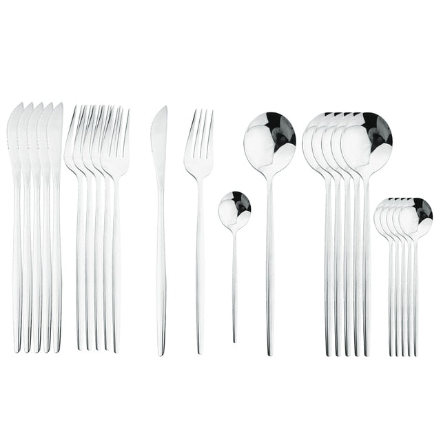 Elegant Essentials 24-Piece Black Handle Golden Cutlery Set - CozyWhims Silver