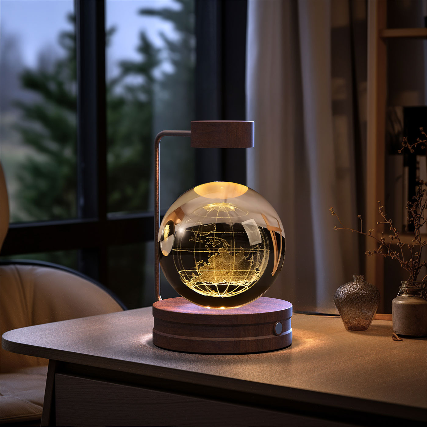 Crystal Ball Cosmic Dinosaur Indoor Night Light - USB Power Warm Cozy Bedside Light Perfect Gift Comforting Night Lamp - CozyWhims Earth-Dark-wood