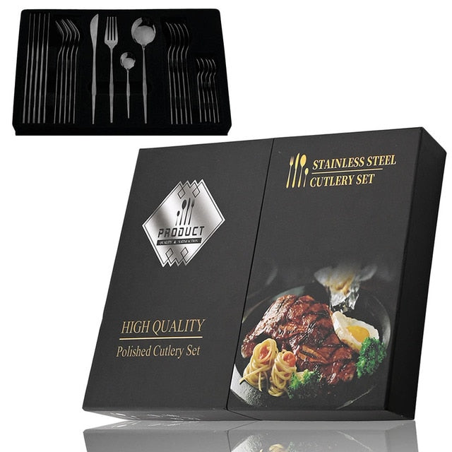 Elegant Essentials 24-Piece Black Handle Golden Cutlery Set - CozyWhims Black-24Pcs-box