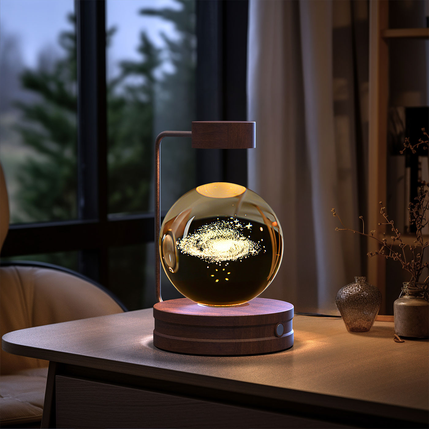 Crystal Ball Cosmic Dinosaur Indoor Night Light - USB Power Warm Cozy Bedside Light Perfect Gift Comforting Night Lamp - CozyWhims Galaxy-Dark-wood