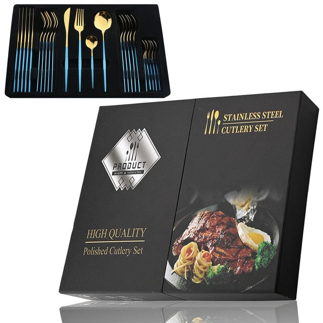 Elegant Essentials 24-Piece Black Handle Golden Cutlery Set - CozyWhims 