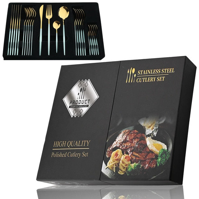 Elegant Essentials 24-Piece Black Handle Golden Cutlery Set - CozyWhims 