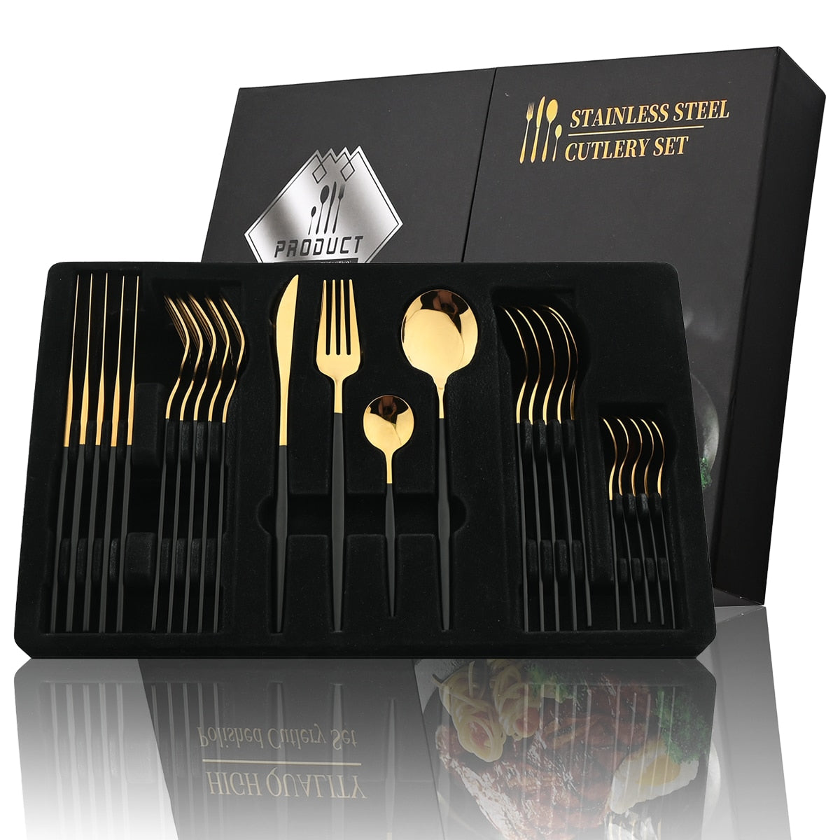 Elegant Essentials 24-Piece Black Handle Golden Cutlery Set - CozyWhims 