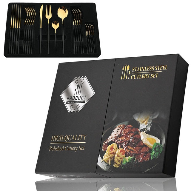 Elegant Essentials 24-Piece Black Handle Golden Cutlery Set - CozyWhims 