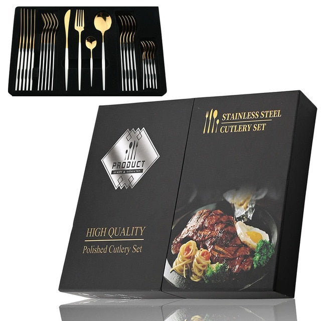 Elegant Essentials 24-Piece Black Handle Golden Cutlery Set - CozyWhims 