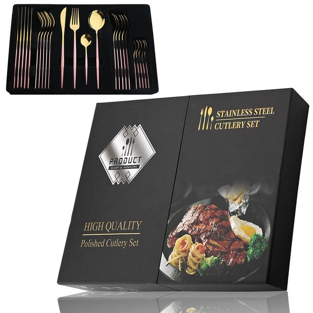 Elegant Essentials 24-Piece Black Handle Golden Cutlery Set - CozyWhims 