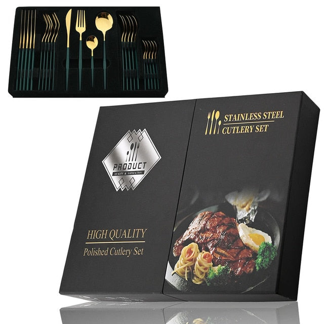 Elegant Essentials 24-Piece Black Handle Golden Cutlery Set - CozyWhims 